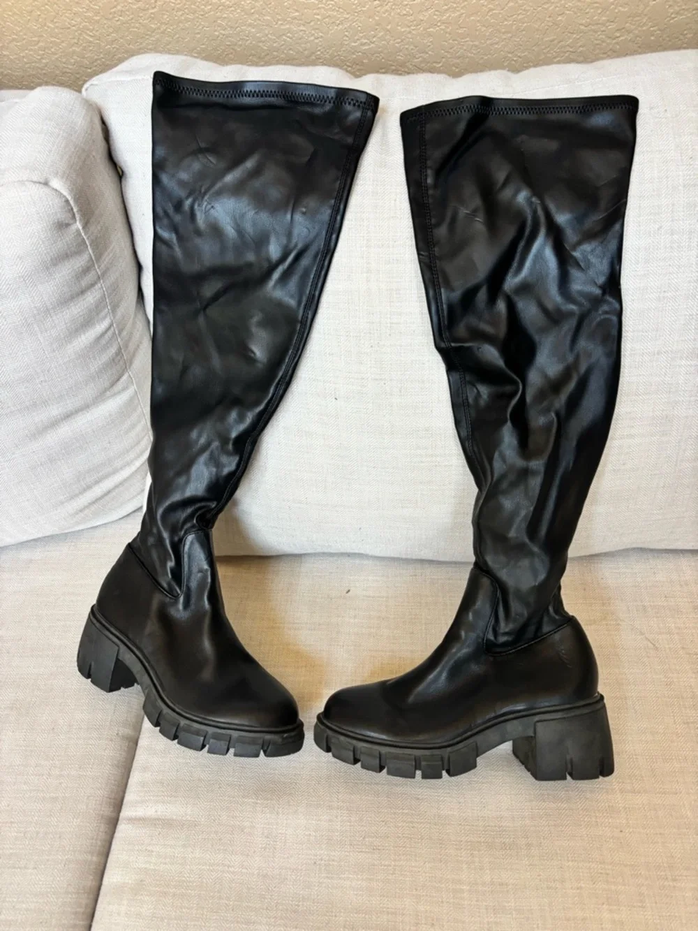 Steven New York Hylda Over-The-Knee Boots Black Size 7 Chunky Heel Stretch Shaft